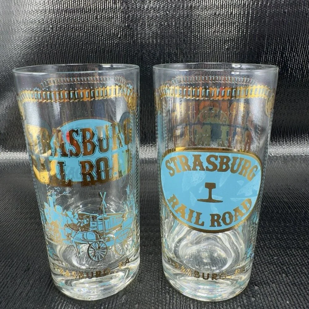 1960s STEAMBURG RAIL ROAD Barware Glasses Cups‎ Highball Tumblers Vintage Set 3